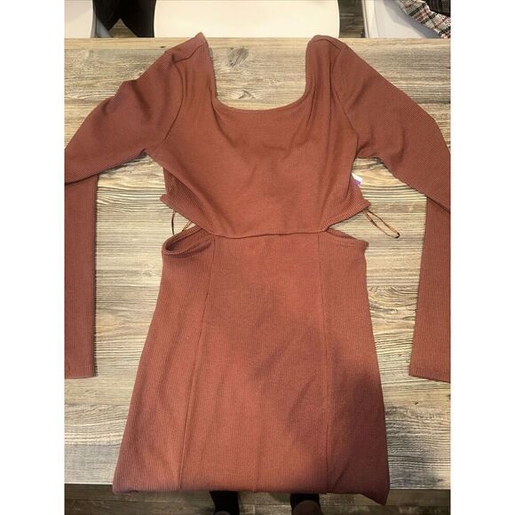 Open Edit Ribbed Cutout Mini Dress Size Small Long Sleeve Women Brown Chino. 7 - Picture 1 of 8